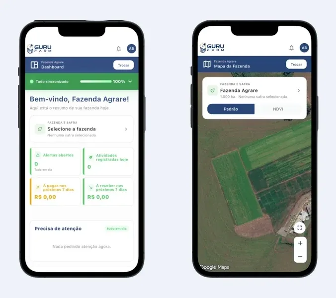 Aplicativo GURU FARM no celular, com o resumo do dia da fazenda e o mapa da fazenda com os talhões