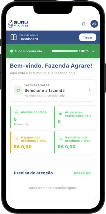 Aplicativo GURU FARM no celular, com o resumo da fazenda e o indicador de sincronização