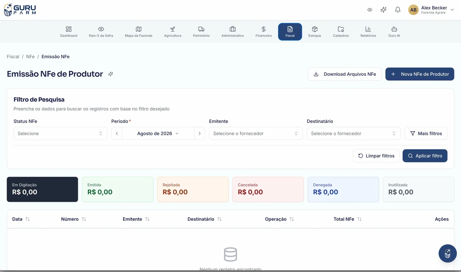 Tela de emissão de NF-e de produtor no GURU FARM, com filtro de pesquisa e os status das notas emitidas