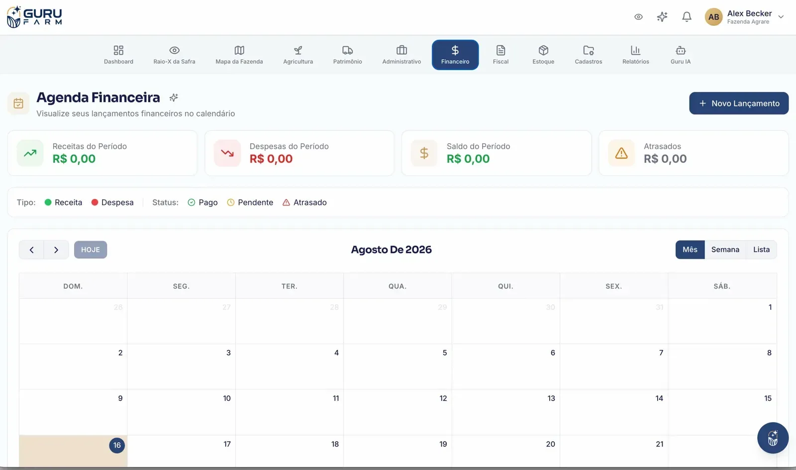 Agenda financeira do GURU FARM, com receitas, despesas, saldo do período e o calendário de lançamentos