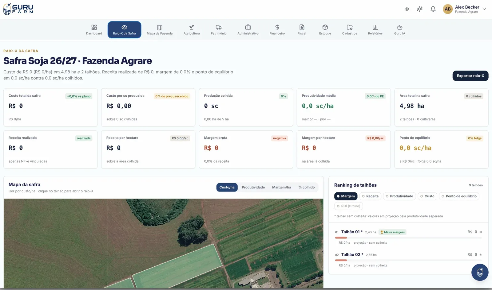 Raio-X da Safra no GURU FARM, com custo total, custo por saca, produtividade, margem, ponto de equilíbrio, mapa da safra e ranking de talhões